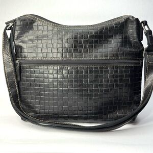 Jack Georges Black Woven Leather Shoulder Bag: